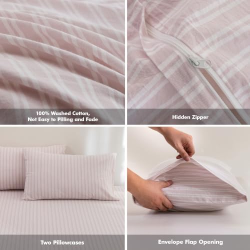 FOSSA Striped Duvet Cover Set 100% Washed Cotton Linen Feel Queen