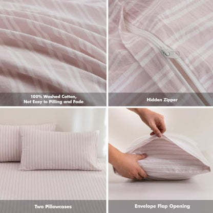 FOSSA Striped Duvet Cover Set 100% Washed Cotton Linen Feel King