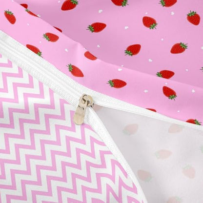Kawaii Bedding, Pink Strawberry Decor Comforter Cover Set, for Women Girls Kids Kawaii Room Decor, Cute Strawberry Bedding Sets Soft Reversible Cute Kawaii Strawberry Duvet Cover, Twin Size