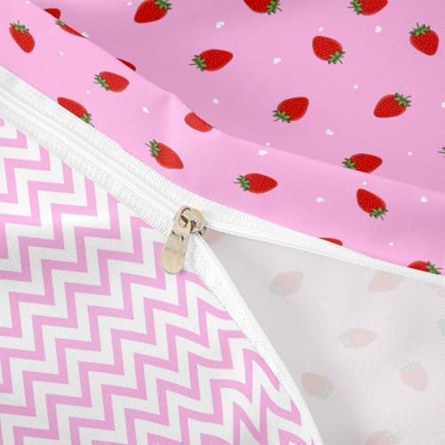 Erosebridal Kawaii Strawberry Comforter Cover Set, Girls Women Kids Room Decor, Pink Strawberry Decor Bedding, Soft Reversible Stripe Print, Queen Size