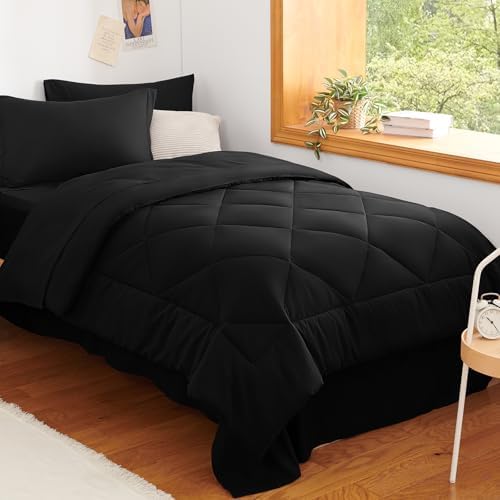 CozyLux Twin Comforter Set 68"x88" Black - 5 Piece Bed in a Bag