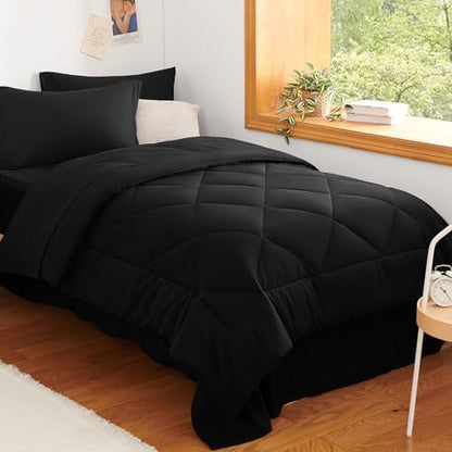 CozyLux Twin Comforter Set 68"x88" Black - 5 Piece Bed in a Bag