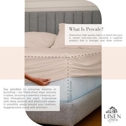 Linen Home 100% Cotton Percale Sheets Twin Size, Sand Shell, Deep Pocket, 3 Pieces Set- 1 Flat, 1 Fitted and 1 Pillowcase, Crisp Cool and Strong Long Staple Bed Linen