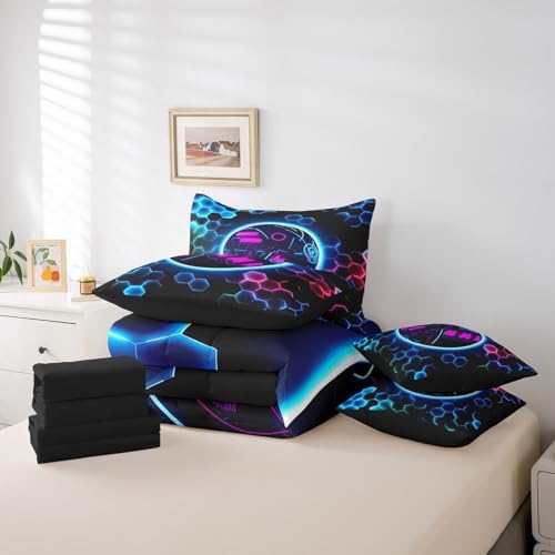 Erosebridal Bowling Games Comforter Sets with Sheets - Neon Ball Game Bedding Set Twin for Boys Girls Hexagon Honeycomb 7Pcs Bed in A Bag, Modern Geometric Bed Set