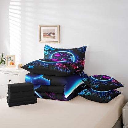 Erosebridal Bowling Games Comforter Sets with Sheets - Neon Ball Game Bedding Set Twin for Boys Girls Hexagon Honeycomb 7Pcs Bed in A Bag, Modern Geometric Bed Set