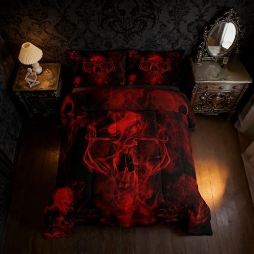 Gothic Skull Bedding Set Red and Black Skeleton Comforter Set Queen For Kids Boys Teen Men,Psychedelic Goth Skull Quilted Duvet Trippy Smoke Halloween Horror Down Comforter Bedroom Decor 2 Pillowcases