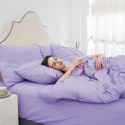 Ubauba Light Purple Queen Size Comforter Set - Bed in a Bag Queen 7 Pieces, Pintuck Beddding Sets Lavender Bed in a Bag with Comforter, Sheets, Pillowcases & Shams, Queen Size
