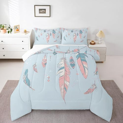 Homewish Blue Pink Feathers King Size Comforter Set,Kids Bohemian Style Decor All Season Bedding Set,Teens Tribe Exotic Comforter,Dreamcatcher Decor Quilt Set Bedroom Collection 3Pcs