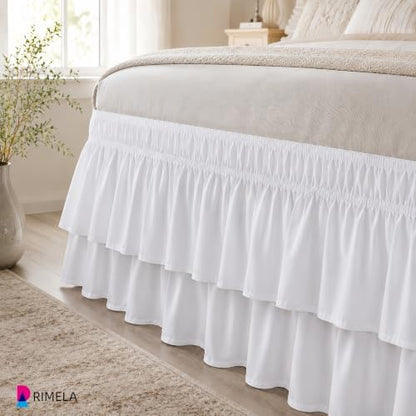 RIMELA Queen Size Ruffle Bed Skirt 16 Inch Drop - White Double Layered Wrap Around Dust Ruffle, Romantic Cute Design Bedskirt with High-Density Fabric, Soft Stretchy, Easy Install for Queen Bed