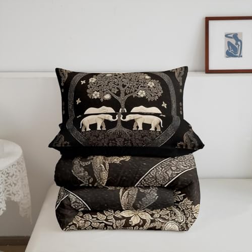 Manfei Boho Elephant Kids Comforter Set Full Size,Tree of Abstract Life Western Tribal Bedding Set,Girls Boys Room Decor,Flowers Plant Botanical Quilt Comforter,Black Retro Duvet Insert,2 Pillowcases