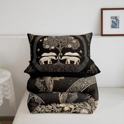 Manfei Boho Elephant Kids Comforter Set Full Size,Tree of Abstract Life Western Tribal Bedding Set,Girls Boys Room Decor,Flowers Plant Botanical Quilt Comforter,Black Retro Duvet Insert,2 Pillowcases