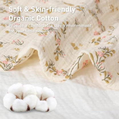 Organic Cotton Muslin Baby Crib Bedding Set 3 Piece Soft for Infant Newborn Toddler Boys Girls 52"x28", Nursery Bed Quilt Set Decor with Fitted Crib Sheet, Floral Quilted Comforter Blanket, Bed Skirt