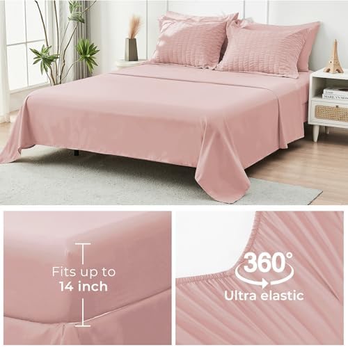 HYMOKEGE Rose Gold Oversized Queen Comforter Set Seersucker 7 Pieces, All Season Luxury Bed in a Bag for Bedroom, Bedding Set with Comforter, Sheets, Pillowcases & Shams