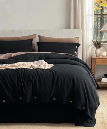 JELLYMONI 100% Washed Cotton Black Duvet Cover Full, Linen-Like