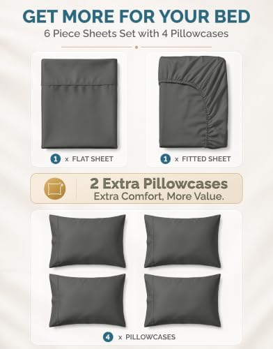 Casa Platino Cal King Sized Sheets – 6 Piece Cal King Size Sheets Set, Soft & Breathable, with 15 Inch Deep Pocket Fitted Sheet, Cozy Cooling Sheets, Great for Daily Use, Machine Washable – Dark Grey
