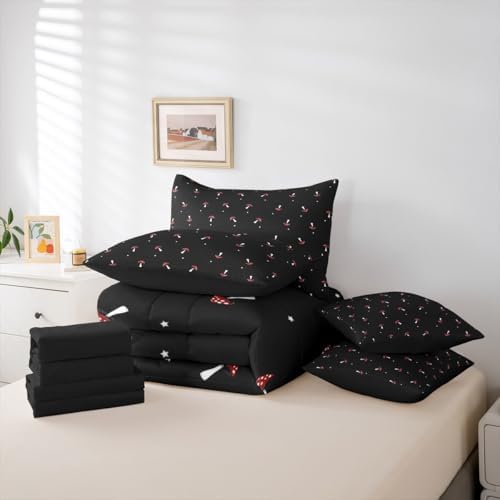 Erosebridal Cute Mushroom Full Comforter Set 7 Pieces, Kid Cartoon Kawaii Bed in A Bag, Lovely Natural Wild Plants Fungus Bedding Set with Comforters, Sheets, Pillowcases Black Red Bedroom Decor