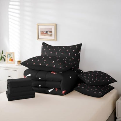 Erosebridal Cute Mushroom King Comforter Set 7 Pieces, Kid Cartoon Kawaii Bed in A Bag, Lovely Natural Wild Plants Fungus Bedding Set with Comforters, Sheets, Pillowcases Black Red Bedroom Decor
