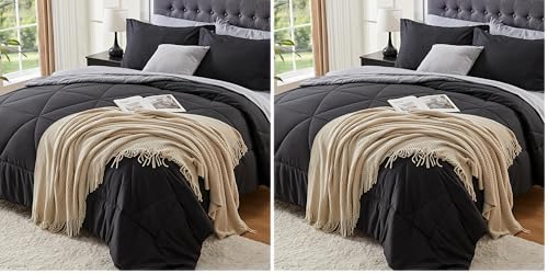 BEDELITE Queen Comforter Set 7 Pieces Bed in A Bag - Soft Microfiber Reversible Black Bed Set with Comforters, Sheets, Pillowcases & Shams, Cozy Luxury Bedding Sets for All Season (Pack of 2)