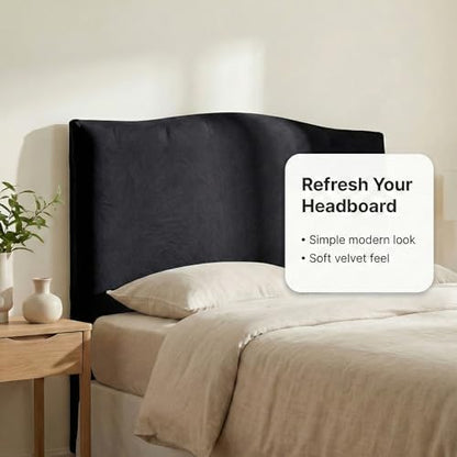 WOMACO Headboard Cover for King Bed, Stretch Velvet Head Board Slipcover with Remote Pockets, Dustproof Bed Head Cover for Upholstered Headboard (Length (71" - 90"), Black)