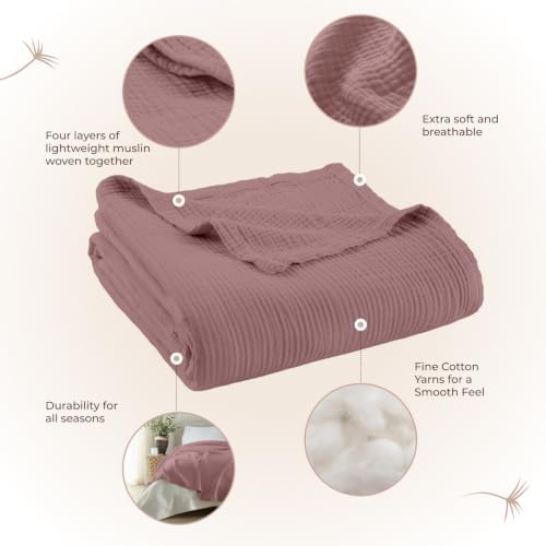 100% Cotton Organic Muslin Throw Blanket for Adults GOTS & Fairtrade Certified Organic Cotton - Couch Living Room and Bedroom Decor - 4 Layer Super Soft and Cozy (Wood Rose, King)