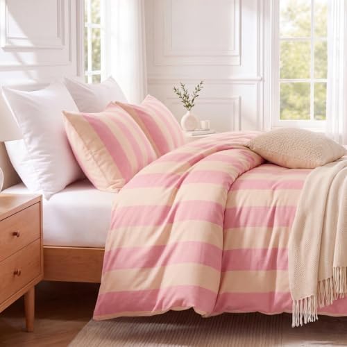 Bedbay Pink Striped Duvet Cover Set Queen Size, 100% Cotton 300TC Sateen, Pink Cream Cabana Stripe Bedding, Soft Smooth Breathable Feminine Set, 3 Pieces