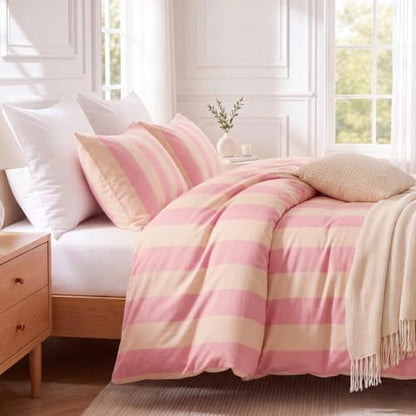 Bedbay Pink Striped Duvet Cover Set Queen Size, 100% Cotton 300TC Sateen, Pink Cream Cabana Stripe Bedding, Soft Smooth Breathable Feminine Set, 3 Pieces