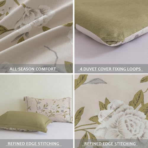 Queen Comforter Set 3 Pieces, 100% Cotton Light Grey Floral Bedding Set for All‑Season, Soft Hypoallergenic Comforter with 2 Pillow Shams