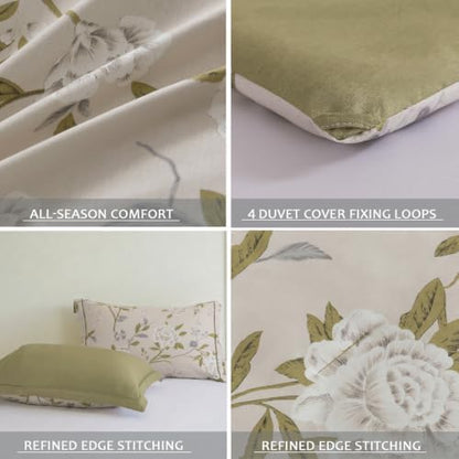 Queen Comforter Set 3 Pieces, 100% Cotton Light Grey Floral Bedding Set for All‑Season, Soft Hypoallergenic Comforter with 2 Pillow Shams