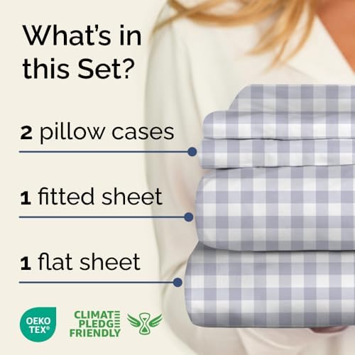 King 4 Piece Striped Sheet Set - Soft, Breathable & Cooling - Grey Gingham