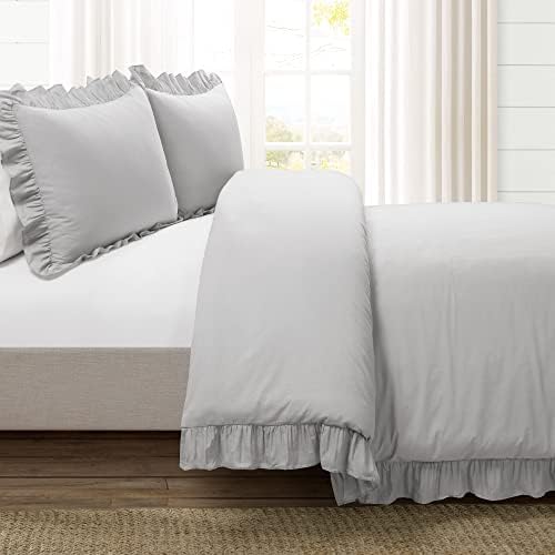 Lush Decor Reyna Ruffle Cotton Duvet Cover Set 3 Piece Set Full/ Queen, Light Gray - Queen Size Bedding Set - Gray Duvet Queen- Ruffled Bedding - Coquette Decor