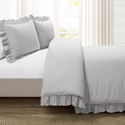 Lush Decor Reyna Ruffle Cotton Duvet Cover Set 3 Piece Set Full/ Queen, Light Gray - Queen Size Bedding Set - Gray Duvet Queen- Ruffled Bedding - Coquette Decor