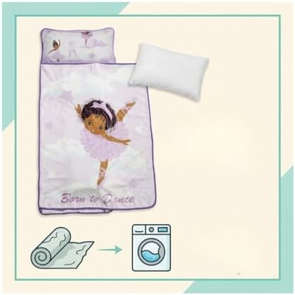 EVERYDAY KIDS Toddler Nap Mat with Removable Pillow - Born to Dance African American Ballerina - Carry Handle with Straps Closure, Rollup Design for Preschool, Daycare, Sleeping Bag - Ages 2-6 Years