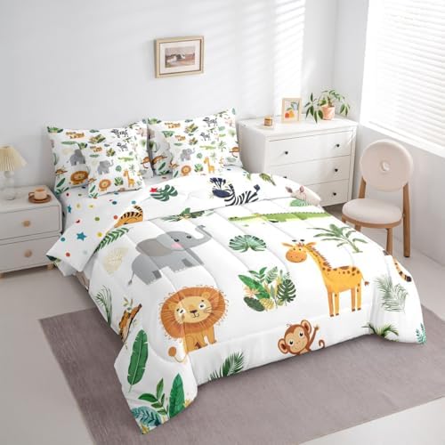 Erosebridal Wild Animals 7 Pcs Bedding Set Safari Animals Queen Comforter Set for Boys Girls Cute Crocodile Lion Bed in A Bag with Flat and Fitted Sheet Cartoon Elephant Giraffe Tropical Bed Set