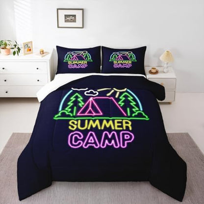 Summer Camping Camper Comforter Set King,Camping Adventure Bedding Set,Brick Wall Quilt Set 3 Pcs for Kids Teens Adults Room Decor,Neon Watercolor Rustic Duvet Insert with 2 Pillowcases