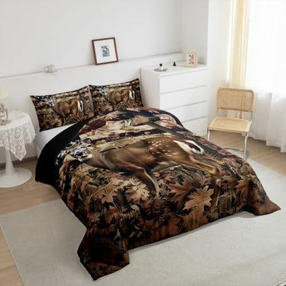 Feelyou Cute Deer Comforter Set Full Size for Girls Boys Kids Deer Hunting Bedding Set Room Decor American Flag Camo Bedding Set Cabin Deer Brown Duvet Set 3Pcs Quilt Set