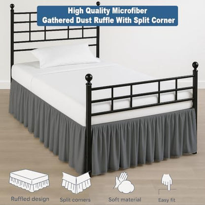Ruffled Bed Skirt Split Corners with Platform, Tailored Fit Hotel Quality Wrinkle Free Ultra-Soft Microfiber Dust Ruffle, Upto 6 Inch Drop, Twin, Dark Grey