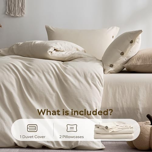 JELLYMONI 100% Washed Cotton Oat Milk Duvet Cover Full, Linen-Like
