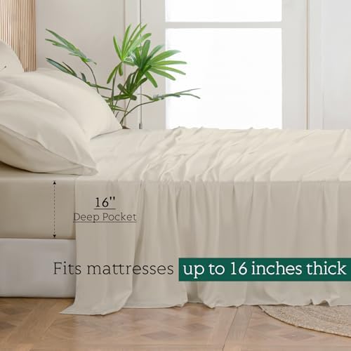 Cooling Sheets Set Queen Size, Viscose Derived from Bamboo for Hot Sleepers | Deep Pocket Up to 16 Inch | Silky Soft & Breathable Bedding - 4PC (Queen, Sand)
