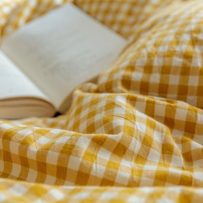 mixinni Yellow Gingham Comforter Set Full, Plaid Comforter Set 3 Pieces 1 Yellow Grid Comfoter with 2 Pillow Cases for All Seasons, Soft Fluffy Modern Grid Pattern Printed Bedding-Full Size
