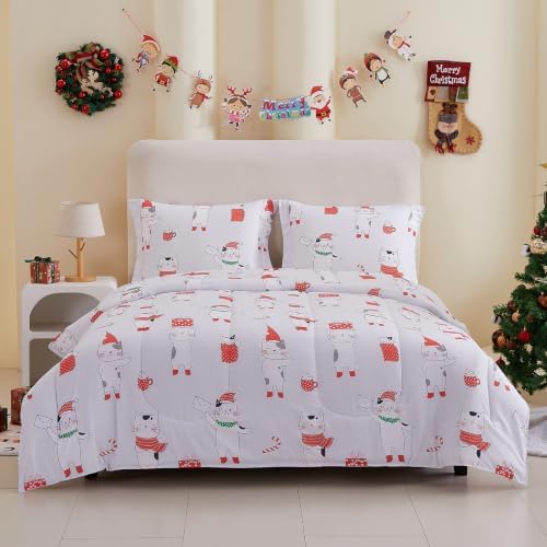 Yibeizi Kids Christmas Bed Comforter Set Twin Cute Cat Printed Xmas Bedding