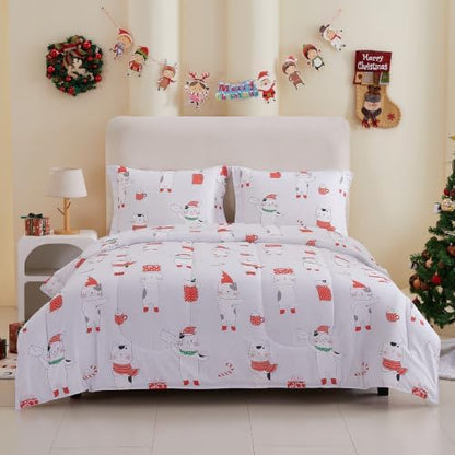 Yibeizi Kids Christmas Bed Comforter Set Twin Cute Cat Printed Xmas Bedding