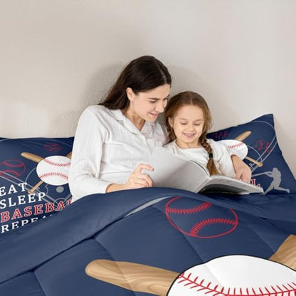 Castle Fairy Kids Baseball Gaming Twin Size Comforter Set,Softball Navy Blue Duvet Set Soft Bed Collection,Ball Games Sport Theme Bedding Comforter for Boys Girls Bedroom,2 Pcs