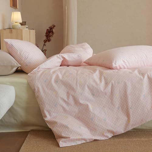 mixinni Gingham Duvet Cover Twin Size, 100% Cotton Light Pink and White Gingham Bedding Set for Girls, Cute Bow Print Soft Aesthetic Cottagecore Bedding 3 Pieces (1 Duvet Cover + 2 Pillowcases)