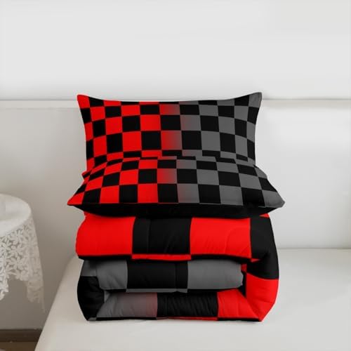Feelyou Checkered Retro Kids Comforter Set Queen Size Geometric Vintage Bedding Set Red Grey Duvet Quilt for Kids Boys Girls Bedroom Modern Groovy Aesthetic Decor