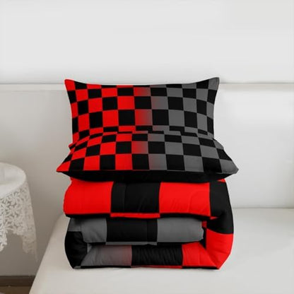 Feelyou Checkered Retro Kids Comforter Set Toddler Size Geometric Vintage Bedding Set Red Grey Duvet Quilt for Kids Boys Girls Bedroom Modern Groovy Aesthetic Decor