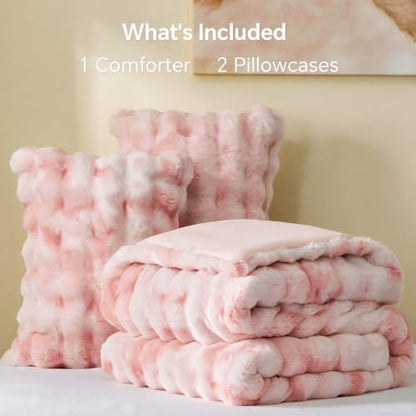 BEDELITE Tie Dye Faux Fur Comforter Set Queen,Thick Winter Comforter,Pink