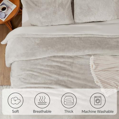 BEDELITE Faux Fur King Comforter Set Linen,Warm Bedding with 2 Pilowcases
