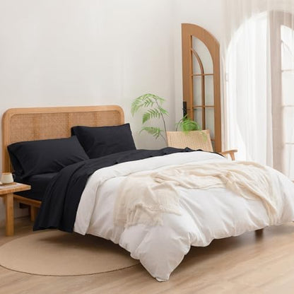 BESTOUCH King Washed Cotton Linen Feel Sheet Set 4 Pcs Deep Black