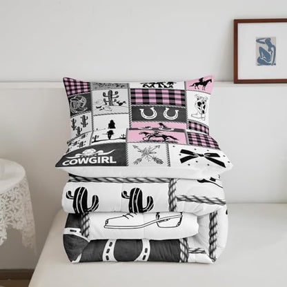 Western Cowgirl Kids Comforter Set Twin Size,Cactus Horseshoe Cowgirl Boot Rustic Bedding Set,Girls Women Room Decor,Bow Cow Skull Patchwork Down Comforter,Pink Fashion Duvet Insert,1 Pillowcase