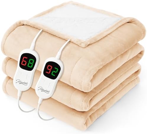 Homemate Heated Electric Blanket Queen Size - 84"x90" Heating Bed Blanket Throw with 10 Heating Levels 8 Hours Auto Off Fast Heating Over-Heat Protection Ultra Soft Flannel ETL Certified, Beige
